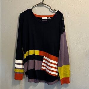 FOIL Test Card Block Pattern Sweater‎ Navy Crew Neck Cotton Knit Stripe